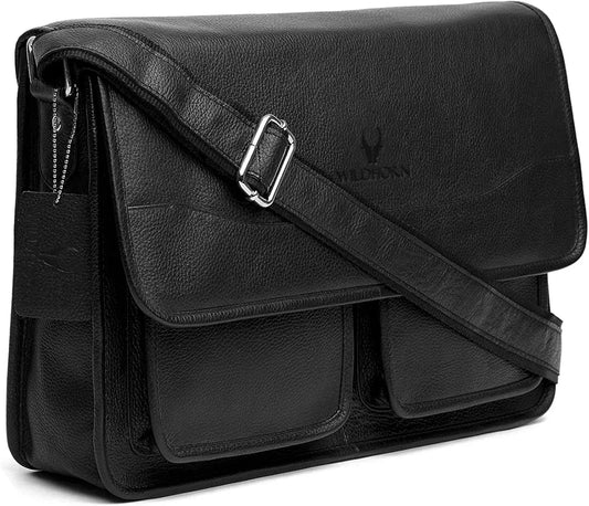 WildHorn Urban Edge100% Leather Laptop Messenger Black Men's Bag 