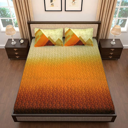 Story@Home Tevel Collection King Size Bedsheet Cotton with Two Pillow Covers, Mustard and Brown Colour