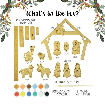Kalakaram Diy Wooden Nativity Scene Painting Kit, Paint & Assemble Wooden Nativity Scene at Home, Christmas Theme Craft Kit | Activity Kit for Kids