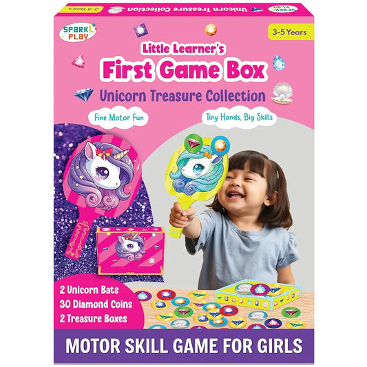 SparkLPlay Unicorn Treasure Game for Girls Ages 3–5 | Fine Motor Skill Toy with 2 Bats, 30 Diamond Coins & 2 Treasure Boxes | Educational Birthday Gift for Toddlers