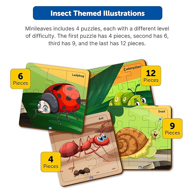 Mini Leaves Insects Themed 4-in-a-box Wooden Puzzles With 4, 6, 9, and 12 Pieces | Difficulty Level Grows With Kids