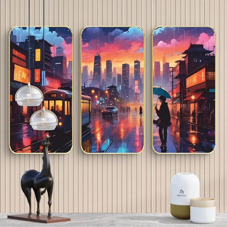 Livin'luxe Set of 3 Rainy Umbrella Modern Art Boho Painting Premium Framed Laminated Wall Paintings SP-2