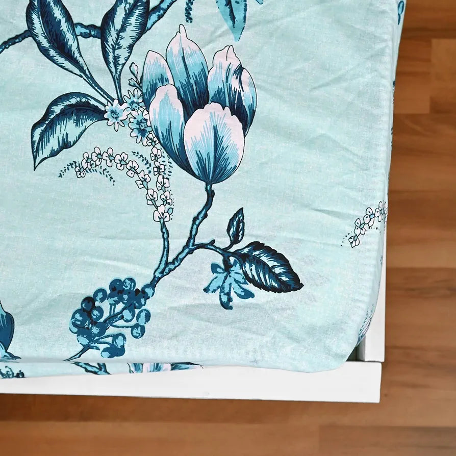 Divine Casa Floret 100% Cotton Double Fitted Bedsheet 144 TC Colour Winter Fern