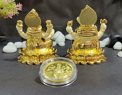 Gold Art India Kamal Laxmi Ganesh Gold Plated Off White Terracotta Idol for Home Gold Plated Coin