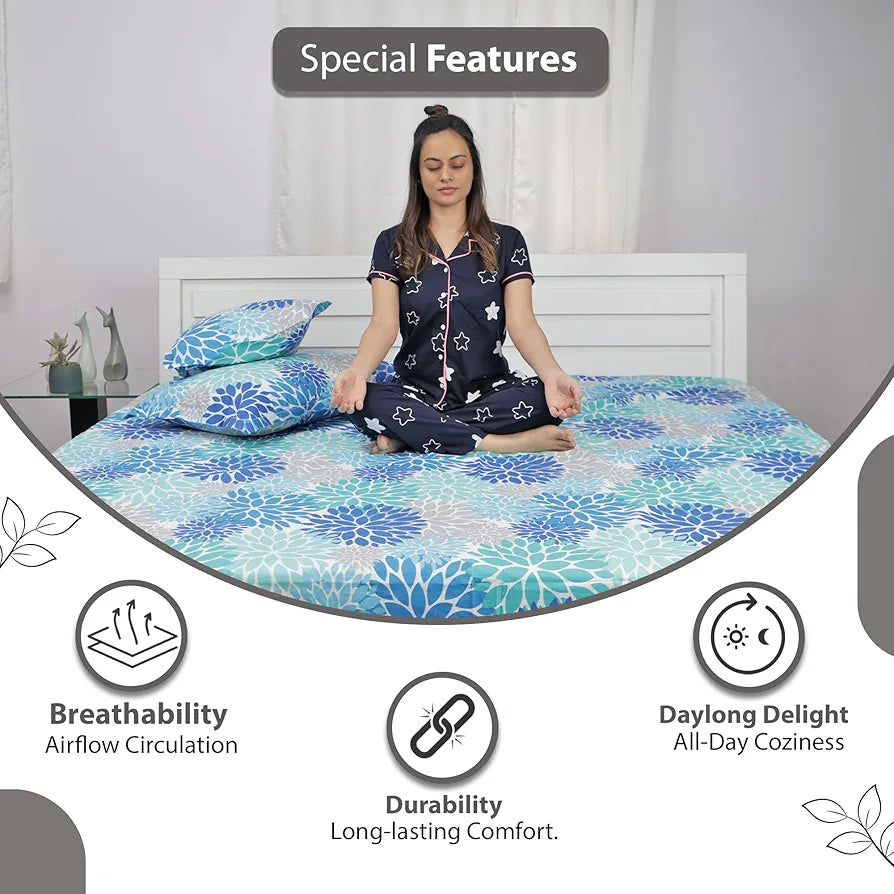 Divine Casa 144 TC Polycotton Single Bedsheet with 1 Pillow Cover Floral Pattern Colour Aqua & Blue
