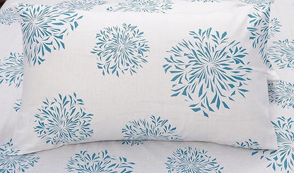 Huesland by Ahmedabad Cotton 144 TC Cotton Bedsheets for King Size Bed with 2 Pillow Covers | White (Blue Print)