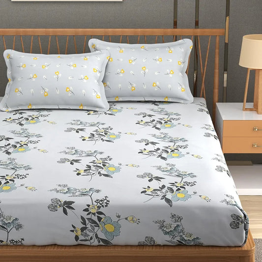 Fresh From Loom Floral XXL King Size Bedsheet for Double Bed 240 TC Hypoallergenic Soft Bed Sheet with 2 Pillow Cover Grey Sunflower