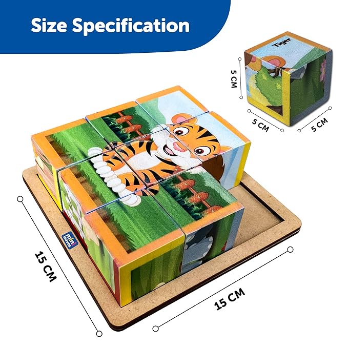 Mini Leaves Animals Wooden Cube Puzzle With Storage Tray | 6 Puzzles in 1 (9 Pcs) | Wooden Cube Block Toys Kids 3+ Years
