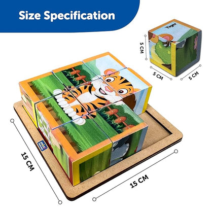 Mini Leaves Animals Wooden Cube Puzzle With Storage Tray | 6 Puzzles in 1 (9 Pcs) | Wooden Cube Block Toys Kids 3+ Years