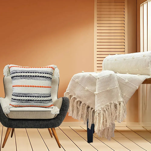 Sajavat Home Hand-Knitted Pure Cotton 3 Seater Sofa Throw & Cushion Cover Colour Beige Throw & Multi Cushion