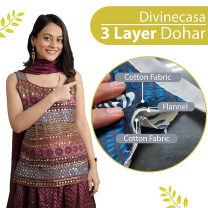 Divine Casa Glace Cotton 120 GSM Reversible Lightweight Malmal Printed Double Bed AC Dohar Blanket TC - 120 Colour Grey and Yellow