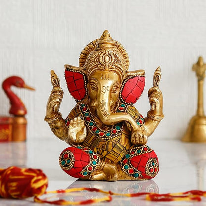 Ecraftindia Handcrafted Golden Brass Chaturbhuj Lord Ganesha Idol With Colorful Stone Work