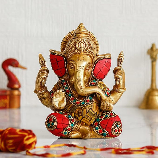 Ecraftindia Handcrafted Golden Brass Chaturbhuj Lord Ganesha Idol With Colorful Stone Work