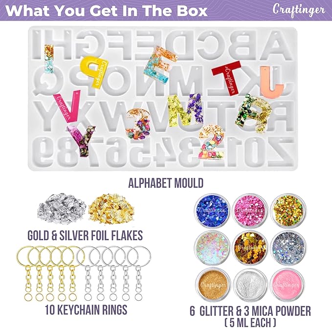 Craftinger Diy Alphabet Keychain Making Mould Kit Set With Glitter Colors, Mica and More