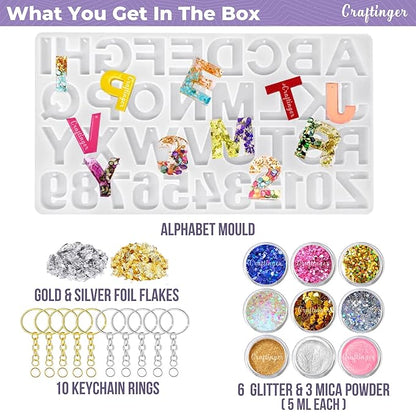 Craftinger Diy Alphabet Keychain Making Mould Kit Set With Glitter Colors, Mica and More