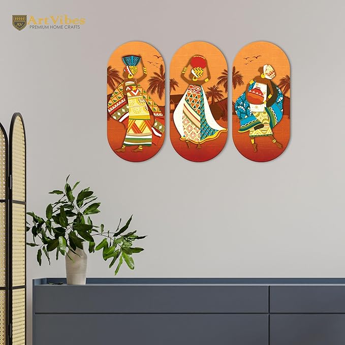 Artvibes African Women Dancing Wooden Wall Hanger for Home | Set of 3