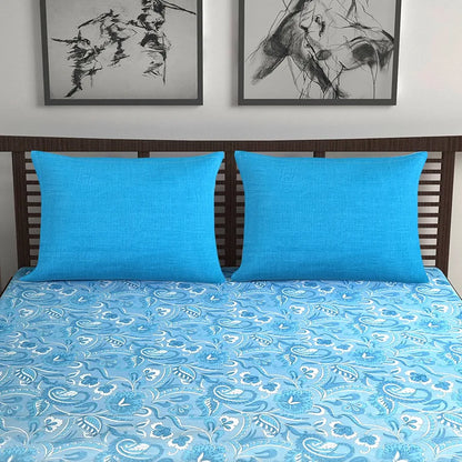 Divine Casa 144 TC Pure Cotton Double Size Bedsheet with 2 Pillow Covers Floral Paisley Colour White Aqua Blue