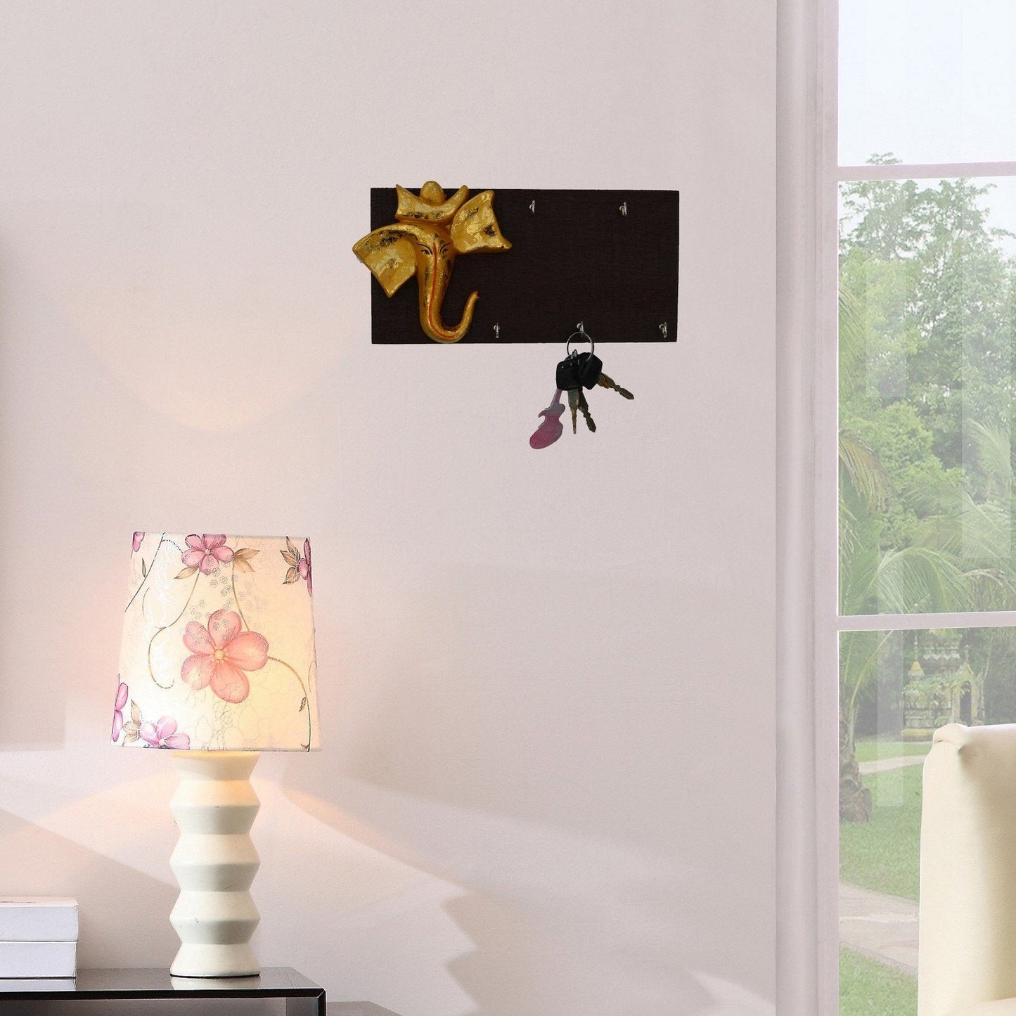 Ecraftindia Wooden Lord Ganesha Key Holder | Golden and Brown