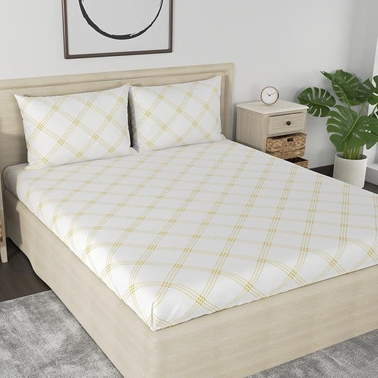 Huesland by Ahmedabad Cotton 186 TC Bedsheet for King Size Bed with 2 Pillow Covers | White (Yellow Pattern)
