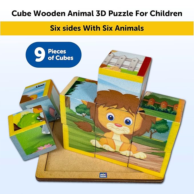 Mini Leaves Animals Wooden Cube Puzzle With Storage Tray | 6 Puzzles in 1 (9 Pcs) | Wooden Cube Block Toys Kids 3+ Years