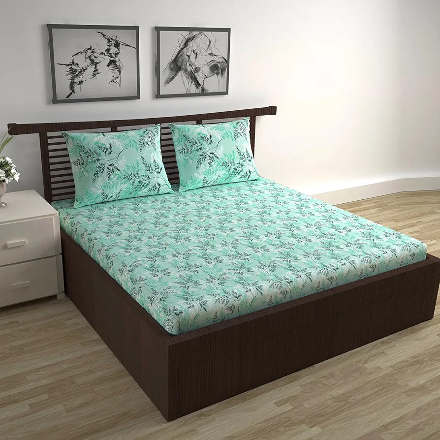 Divine Casa 144 TC 100% Cotton Double Bedsheet with 2 Pillow Covers Floral Pattern Colour Blue Mints