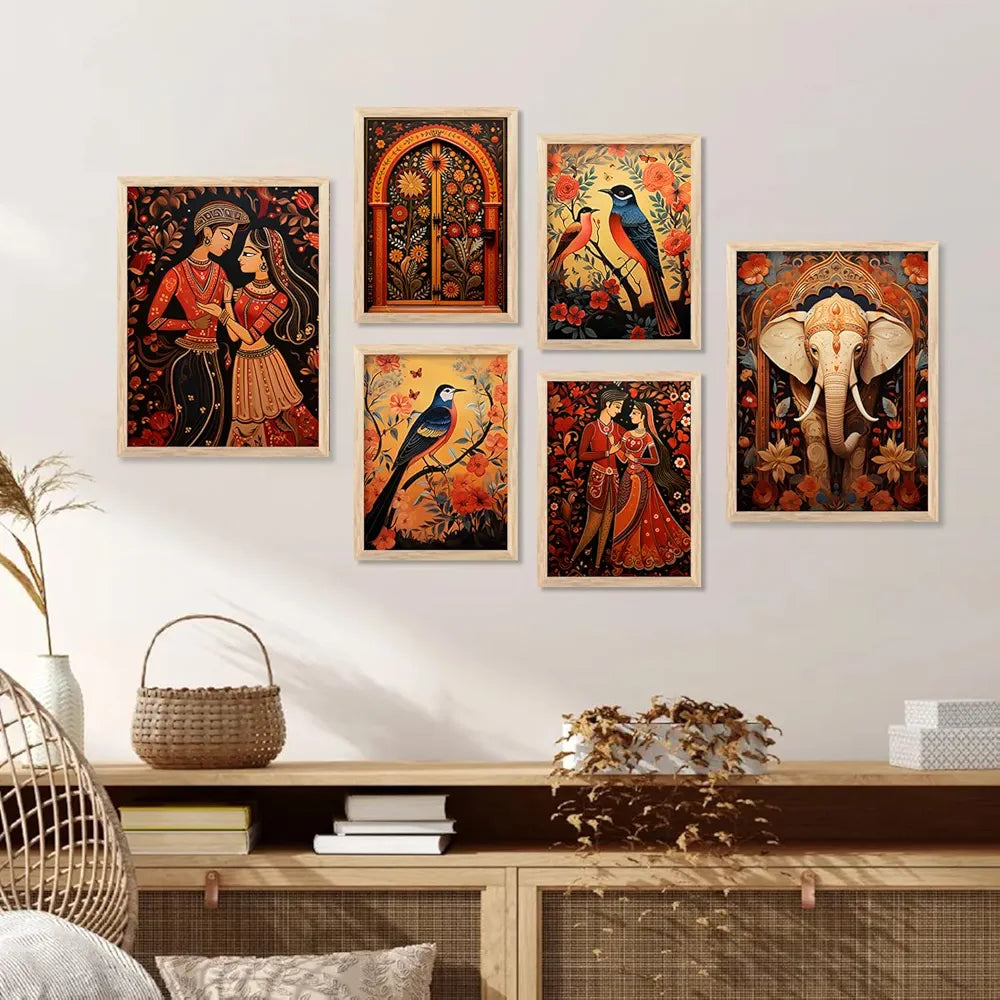 Kotart Madhubani Art Paintings with Frame Traditional Framed Painting Pack of 6