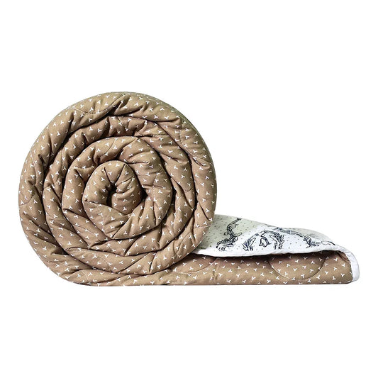 Divine Casa 120 GSM Microfiber Kalamkari Print Reversible Single Bed Comforter Soft Light Weight Quilt Blanket TC - 120 Colour Bison Beige