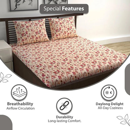 Divine Casa 144 TC Pure Cotton Double Bed Bedsheet with 2 Pillow Covers Rosy Floral Colour Sunset Red
