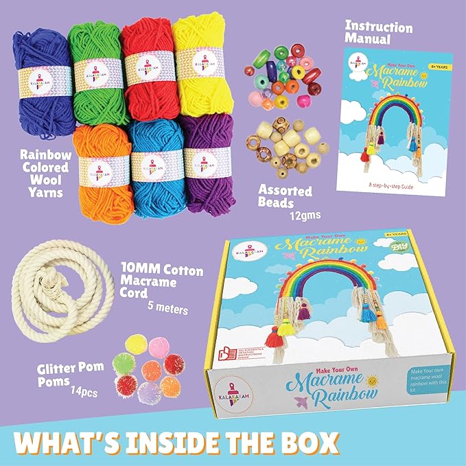 Kalakaram Diy Macrame Rainbow Kit | Macrame Craft Kit for Beginners | Diy Kids Room Decor | Activity Kit for Kids