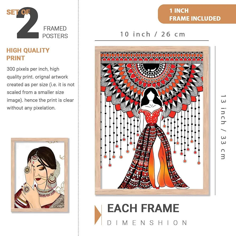Kotart Indian Woman Digital Painting with Frame for Home Decoration Pack of 2 Design03