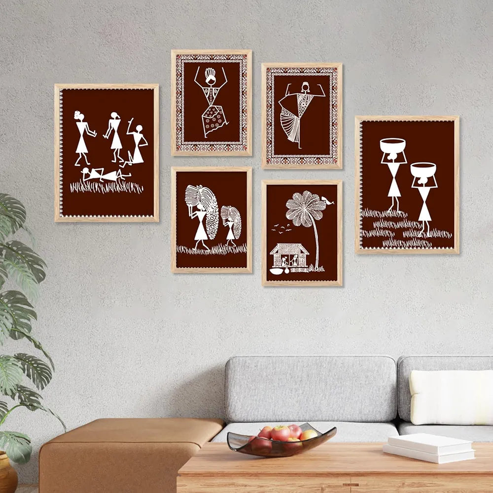 Kotart Warli Art Digital Paintings with Frame Pack of 6 art 3