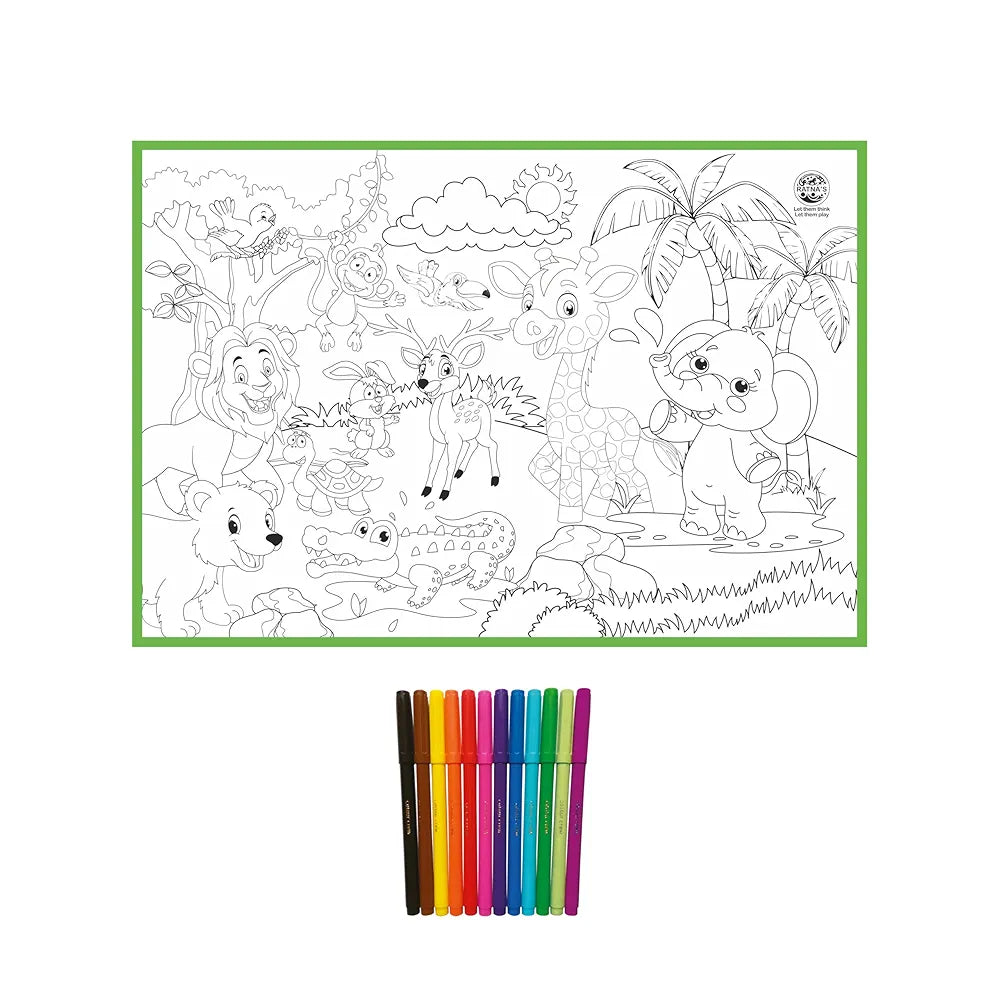 Ratna's My Coloring Mat Jungle Printed Mat of Size 40 x 27 Inches, Washable & Reusable Colouring Kit for Kids 3+ Years