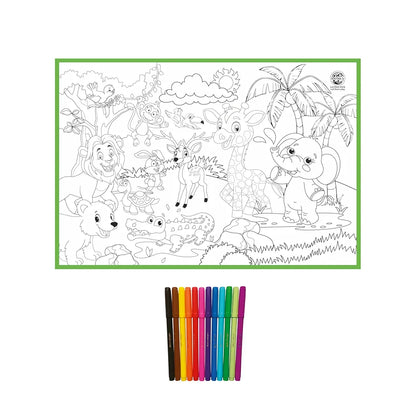 Ratna's My Coloring Mat Jungle Printed Mat of Size 40 x 27 Inches, Washable & Reusable Colouring Kit for Kids 3+ Years