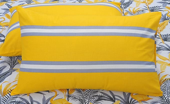 Huesland by Ahmedabad Cotton 144 TC Cotton Bedsheets for King Size Bed with 2 Pillow Covers | Flamingos & Stripes Yellow & Grey