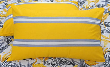 Huesland by Ahmedabad Cotton 144 TC Cotton Bedsheets for King Size Bed with 2 Pillow Covers | Flamingos & Stripes Yellow & Grey