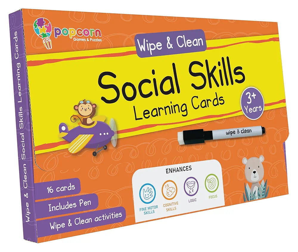 Popcorn Games & Puzzles Interactive Social_Skills Flash Cards 2+ Years Kids: Enhance Communication with Reusable Wipe & Clean Learning Cards 16 Cards with Wipe & Clean Marker