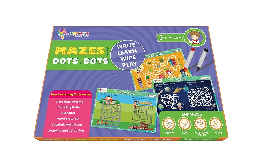 Popcorn Games & Puzzles Mazes and Dot to Dot | Reusable Activity Mats with 2 Marker Pens | Gifts & Creative Learning for Ages 3-6