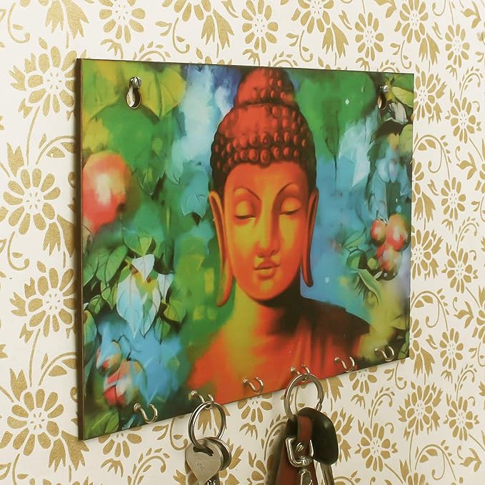 Ecraftindia Lord Buddha Theme Wooden Key Holder With 6 Hooks