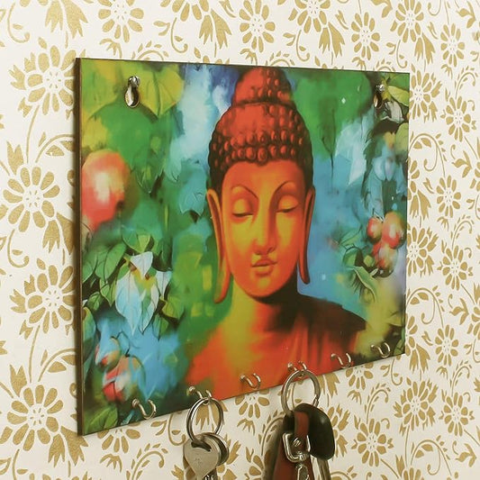 Ecraftindia Lord Buddha Theme Wooden Key Holder With 6 Hooks