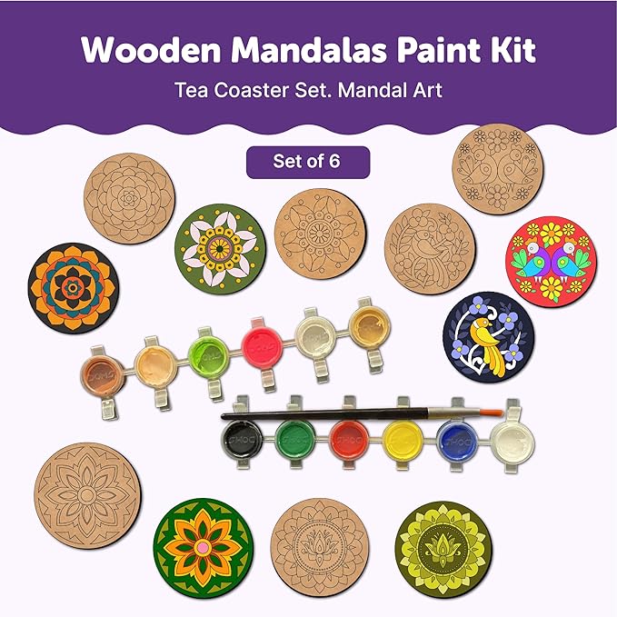 Mini Leaves Wooden Mandala Beginner Paint Kit Tea Coasters Art and Craft Kit | Coaster Diy Kit Set of 6