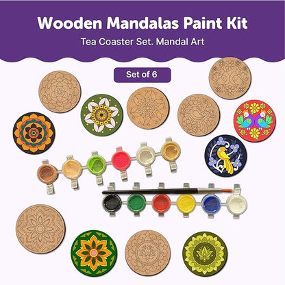 Mini Leaves Wooden Mandala Beginner Paint Kit Tea Coasters Art and Craft Kit | Coaster Diy Kit Set of 6