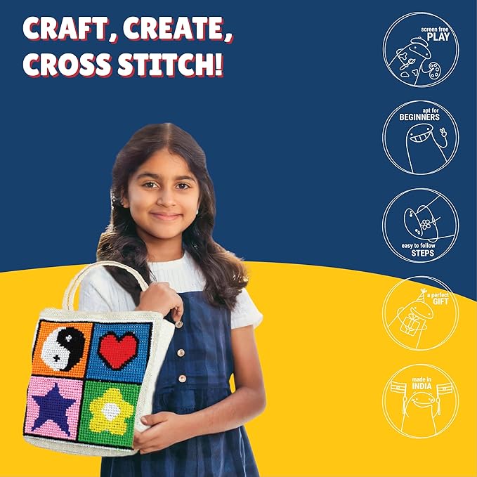 Kalakaram Make Your Own Cross Stitch Bag, Easy and Beginner Friendly Diy Cross Stitch Embroidery Kit | Kids Art and Craft Educational Kit