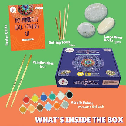 Kalakaram Diy Dot Mandala Art Rock Painting Kit | Create a Mandala Design on Rocks With 3 Large Re-useable River Rocks | Activity Kit for Kids