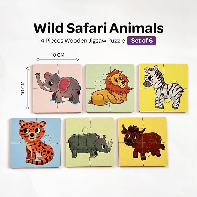 Mini Leaves 4 Piece Wooden Puzzle for Kids | Set of 6 Wild Animals Jigsaw Puzzle | Educational Puzzle Game With Wooden Box