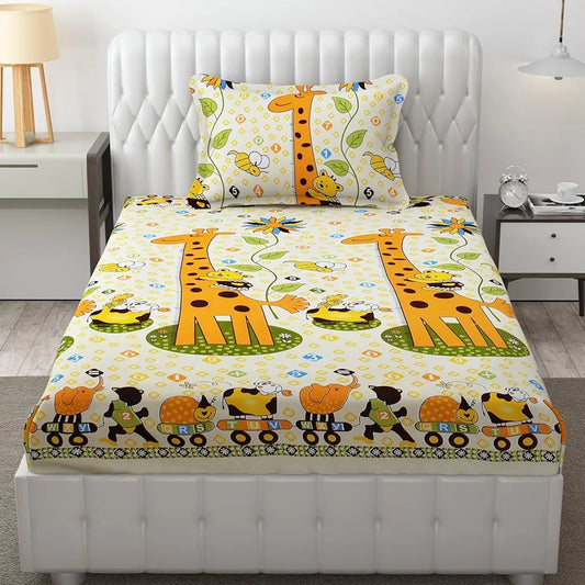 Fresh From Loom Bed Sheet Cartoon Printed Single Bedsheet With One Pillow Cover 144 tc Multicolor Cream and Yellow