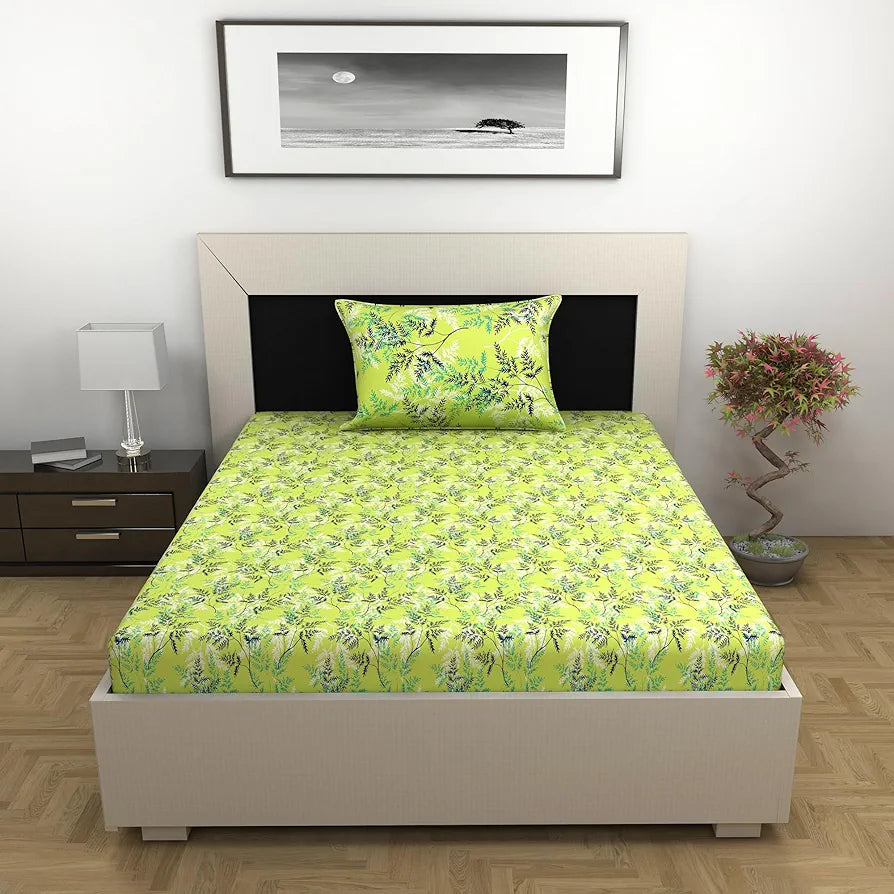 Divine Casa 144 TC 100% Cotton Single Bedsheet with 1 Pillow Cover Floral Pattern Colour Lime Breeze Fresh Green