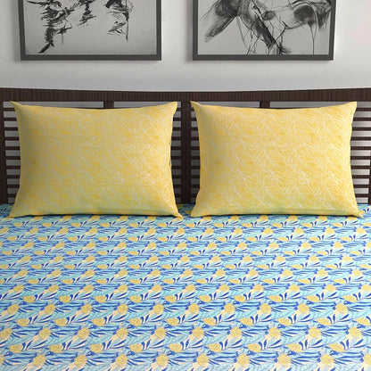 Divine Casa 144 TC 100% Pure Cotton Double Bed Bedsheet with 2 Pillow Covers Tropical Floral Colour Blue Yellow