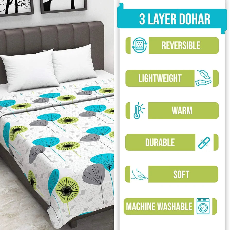 Divine Casa 100% Cotton Reversible Lightweight Printed Single Bed AC Dohar Blanket Colour White & Blue