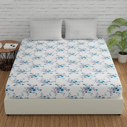 Huesland by Ahmedabad Cotton 144 TC Cotton Bedsheets for King Size Bed with 2 Pillow Covers | White, Cyan Blue & Grey