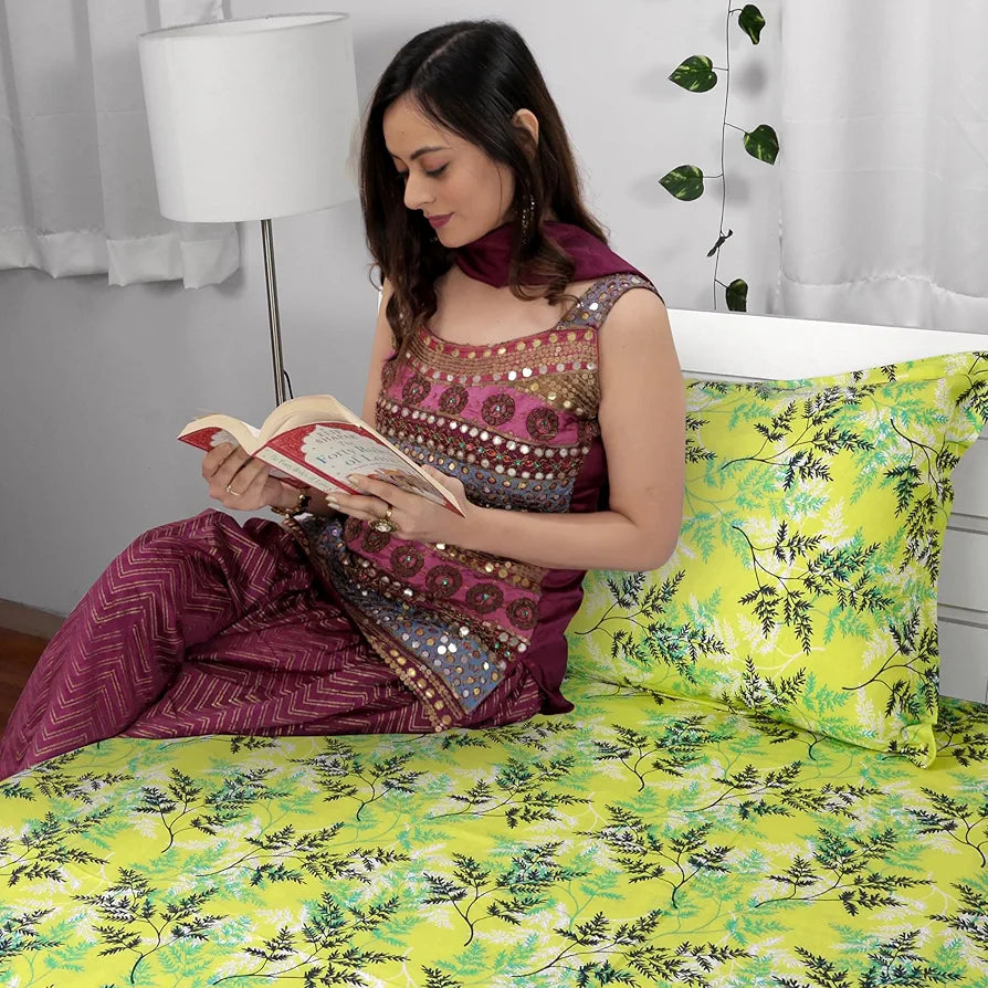 Divine Casa 144 TC 100% Cotton Single Bedsheet with 1 Pillow Cover Floral Pattern Colour Lime Breeze Fresh Green